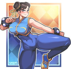 1girls 2021 alternate_costume athletic_female big_breasts blue_unitard blue_vest breasts brown_eyes brown_hair capcom chun-li female fighting_stance fully_clothed hair_bun looking_at_viewer navel one_leg_up sagas sleeveless sleeveless_vest solo solo_female street_fighter street_fighter_alpha studded_bracelet sweatdrop tagme thick thick_thighs tight_clothing unitard vest video_games