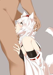 animal_ears blush breasts clothed_female_nude_male cum cum_in_mouth cum_in_throat cum_inside deepthroat eyes_rolling_back fellatio houkai_(collapse_illust) momiji_inubashiri oral sideboob tagme tail tears touhou white_hair wolf_ears wolf_girl wolf_tail yellow_eyes