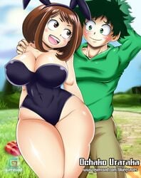 1boy 1girls bare_thighs big_breasts bluegraves blush breasts brown_eyes brown_hair bunny bunny_costume bunny_ears bunny_girl bunnysuit busty censored cleavage clothed clothed_male cosplay couple curvy dress_up easter easter_bunny easter_egg female green_eyes green_hair happy holidays huge_breasts izuku_midoriya legs looking_at_another male muscular_male my_hero_academia naked_legwear ochako_uraraka open_mouth playboy shounen_jump smile thick_legs thick_thighs thighs thin_waist wide_hips