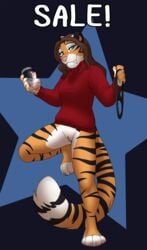 alex_marx anthro bathwater bottomless claws clothed clothing digital_media_(artwork) fangs felid female fluffy fluffy_tail fur genitals hair hi_res holding_clothing holding_object holding_panties holding_underwear jailbird looking_at_viewer machairodontine mammal pantherine panties partially_clothed paws pussy raised_leg sabertooth_(anatomy) simple_background smile smiling_at_viewer solo solo_focus stripes tiger topwear turtleneck turtleneck_sweater underwear wet wet_clothing wet_panties wet_underwear white_body white_fur