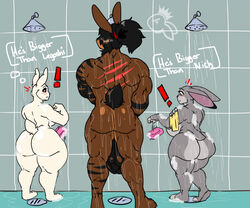 1boy 2girls anthro ass beastars blush brown_body brown_fur crossover disney dropping dropping_object english_text female furry grey_body grey_fur haru_(beastars) huge_cock judy_hopps lagomorph large_breasts larger_male long_ears male purple_eyes rabbit shower size_difference smaller_female soap standing text towel water white_body white_fur zeromccall zootopia