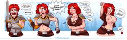 1boy 1girls areolae blue_eyes breast_expansion breasts cleavage dildo female gender_transformation genderswap hair_growth large_breasts looking_at_viewer madamsquishie male mtf_transformation navel nipples open_shirt red_hair rule_63 sequence skirt solo speech_bubble sword text transformation