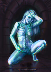 blue_body bone bones crouching female ghost ghost_girl ghost_nipples halloween hand_on_head horror kneeling looking_at_viewer necromancy_cult nipples nude nudity pinup pinup_pose pose posing pussy see-through see-through_body see-through_skin sitting skeleton solo spectre translucent translucent_body transparent transparent_body undead visible_skeleton x-ray шкилет