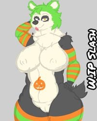 acidslash28 anthro anthrofied armwear ass big_breasts black_body black_fur breasts chubby_female clothing epic_games female food footwear fortnite fortnite:_battle_royale fruit fur genitals green_body green_fur halloween hi_res holidays legwear mammal nipples nude plant pumpkin pussy slightly_chubby socks solo spooky_team_leader tagme thick_thighs ursid video_games white_body white_fur