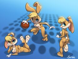 2021 3_toes 4_fingers absurd_res action_pose anthro ball barefoot basketball_(ball) blonde_hair blue_eyes breasts clothing countershade_feet countershading digital_media_(artwork) earband feet female fingers foot_focus gloves hair handwear hi_res lagomorph leporid lola_bunny looney_tunes mammal multiple_poses nipples nude open_mouth pose rabbit rear_view scut_tail signature simple_background siroc solo space_jam toes warner_brothers white_clothing white_gloves