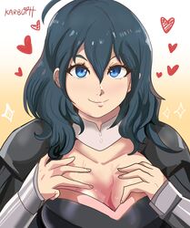 1girls absurdres armor artist_name bangs blue_eyes blue_hair bodice breasts bustier byleth_(fire_emblem) byleth_(fire_emblem)_(female) cleavage clothed_female fire_emblem fire_emblem:_three_houses gauntlets hair_between_eyes heart high_resolution highres karbuitt large_breasts looking_at_viewer medium_hair nintendo shoulder_armor smile solo spreading teal_hair turtleneck twitter_username upper_body