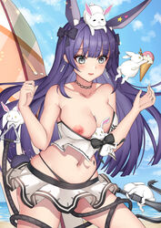 accidental_exposure animal_ears areolae arknights bare_shoulders beach big_breasts black_panties blush breasts bunny bunny_ears bunny_tail choker cloud_(artist) earrings embarrassed exposed_breasts eyelashes female grey_eyes highres ice_cream lips long_hair navel nipple_slip nipples ocean panties purple_hair rope rope_(arknights) skirt sky solo_female swimsuit thick_thighs thighs uniform