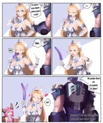 1boy 2girls ? ahoge animal_ears blonde_hair blue_eyes braid cleavage closed_eyes comic deepthroat facebook heart instagram johnson_(mobile_legends) large_breasts long_hair mobile_legends motion_blur motion_lines nana_(mobile_legends) odette_(mobile_legends) pink_hair purple_eyes robot saliva saliva_trail sexually_suggestive short_hair side_braid spanish_text speech_bubble suggestive_food sweatdrop tail translated twitter twitter_username