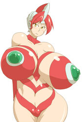 areolae bare_shoulders blush bodysuit breasts clothes curvy erect_nipples female green_nipples hyper hyper_breasts large_areolae nipples parody personification plump red_hair sasaki_tatsuya solo tight_clothes ultraman_(franchise) wide_hips yellow_eyes