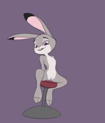 3_toes anthro bar_stool disney female flat_chest flat_chested full-length_portrait fur grey_fur hands_behind_back judy_hopps lagomorph long_ears looking_down mammal nude open_mouth pink_nose portrait purple_background purple_eyes pussy rabbit simple_background solo spread_legs spreading starshippizza straddling toes zootopia