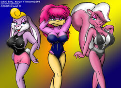 2005 anthro bimbette binky_bunny blonde_hair blue_eyes breasts clothes eyeshadow female female_only fur furry greycat_r hair interspecies large_breasts long_hair margot_mallard multiple_females pink_fur rabbit short_hair skunk smile soft_feathers standing tiny_toon_adventures warner_brothers white_hair