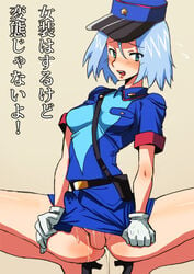 1boy androgynous blue_eyes blue_hair blush canon_crossdressing color cosplay crossdressing crossplay cum fake_breasts femboy game_freak high_heels james_(pokemon) japanese_text male male_only nintendo officer_jenny_(cosplay) penis_under_skirt pokemon pokemon_(anime) riko_(artist) short_blue_hair short_hair solo squatting text toshiyuki translation_request trap