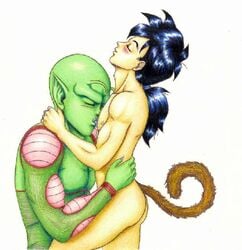 antennae ass bald black_hair blush color dragon_ball fur furry_tail green_skin hair interspecies male male_only multiple_males namekian nude piccolo side_view son_gohan tagme tail yaoi