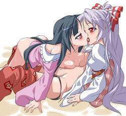 2girls asymmetrical_docking belt black_hair black_panties blush bottomless bow breast_press breasts female french_kiss fujiwara_no_mokou hachi_(chihagura) hairbow kaguya_houraisan kissing long_hair multiple_girls mutual_yuri nipples no_bra no_panties open_clothes panties red_eyes saliva silver_hair tongue touhou underwear very_long_hair yuri