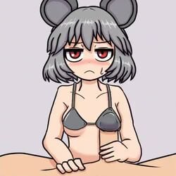 1boy 1girls animal_ears animated bikini breasts camp_of_hunger commentary_request cum cum_under_clothes ejaculation female frown grey_hair handjob jitome looking_at_viewer lowres male mouse_ears nazrin nipple_stimulation no_nose no_sound penis penis_poking_breast penis_to_breast penis_under_bra penis_under_clothes pov red_eyes rubbing short_hair small_breasts swimsuit touhou video