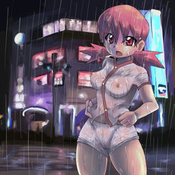 breasts erect_nipples exhibitionism female female_only gym_leader hamu_(sanosano) human navel night nintendo nipples no_bra pink_eyes pink_hair pokemon pokemon_gsc public rain see-through short_twintails shorts solo tear tied_hair twintails wet wet_clothes whitney_(pokemon)