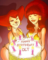 2girls bikini birthday_cake birthday_candle blunt_bangs bouffant bouffant_hair cleavage cowboy_shot crossover disney english_text facing_viewer female goof_troop happy_birthday light_smile looking_at_viewer married_with_children medium_breasts milf name_connection namesake peg_pete peggy_bundy shoogerbare side-tie_bikini smile teased_hair