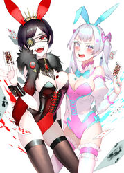 2girls animal_ears black_clover black_hair breasts bunny_ears bunnysuit cards crown eye_patch fangs female female_only long_hair looking_at_viewer multiple_girls noelle_silva open_mouth pink_eyes red_eyes silver_hair tattoo vanica_zogratis white_background white_hair white_skin