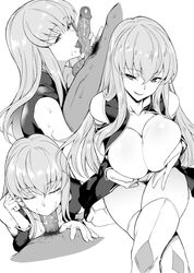 1boy 1girls big_breasts blush c.c. code_geass fellatio greyscale long_hair looking_at_viewer mushi024 oral pubic_hair veiny_penis