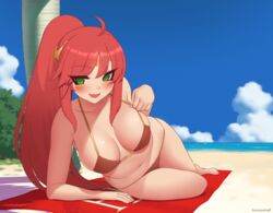 1girls beach bikini blush circlet green_eyes kuroonehalf large_breasts looking_at_viewer lying_on_side ponytail pyrrha_nikos red_hair rwby seaside smug_face