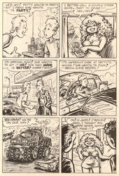 1girls 4boys big_breasts big_hair black_and_white car cherry_poptart_(comic) comic comic_page curly_hair dialogue english_dialogue english_text larry_welz monochrome monster_truck page_2 patty_melt plump short_dress speech_bubble straight_hair tagme