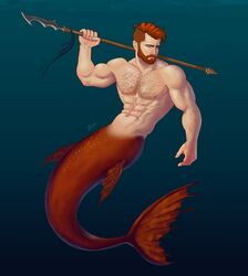 1boy abs beard biceps blue_eyes flexing gabo_artist male_only merfolk merman muscular pecs red_hair underwater