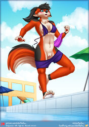 anthro black_body black_fur blue_eyes blush breasts clothed clothing febris female fur furry furry_only genitals hair hi_res multicolored_body multicolored_fur nipples open_mouth pool_(disambiguation) public purple_clothing pussy red_body red_fur sidnithefox slipping solo swimwear tagme tail wardrobe_malfunction water