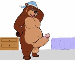 animated anthro balls bear belly brown_fur chubby erect_penis gif gypsy_king_(artist) humanoid_penis hyper_penis male mammal nude overweight_male simple_background solo ursid ursine