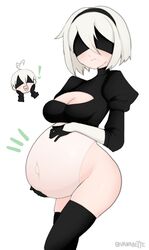 1boy 1girls breasts cleavage female holding_belly huge_belly male nier nier:_automata pregnant ready_to_pop solo_focus vanabette yorha_2b yorha_9s