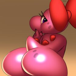 1:1 anthro ass bent_over big_butt birdo bubble_butt dat_ass eyelashes female female_only hair_accessory hair_ribbon hairbow looking_at_viewer mario_(series) nails nintendo nude nude_female pink_body scalie seductive seductive_eyes signature simple_background solo thick_thighs video_games xylas