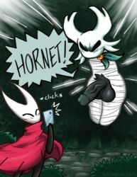 1boy 1boy1girl 1girls absurd_res angry antlers april_fools ass balls bandage big_penis black_body black_skin blush blushing bound caught clothed clothes clothing cute detailed_background dialogue dimpster duo english_text fan_character fecharis female fur genitals happy hi_res hollow_knight horn hornet_(hollow_knight) leaf male no_humans penis phone plant red_clothing robe shrub taking_picture team_cherry text vessel_(species) video_games