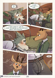 anthro antlers beastars black_lips blush brown_body brown_eyes brown_fur brown_nose bulge canid canine canis cervid clothed clothing comic dialogue duo english_text erection fur grey_body grey_fur hi_res horn legoshi_(beastars) lips louis_(beastars) male male/male male_only mammal necktie suit suspenders teeth text theo_young url wolf