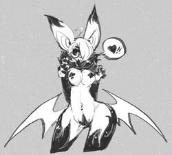 2017 anthro big_ears big_eyes breasts chiropteran cornfrosty eyewear female glasses greyscale hands_behind_back heart looking_at_viewer mammal medium_breasts monochrome navel neck_tuft nipple_tape nude one_eye_obstructed pasties pubes roxi slim smile solo tape thick_thighs tuft wide_hips wings