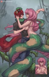 art_with_a_side_of_fries awasof big_breasts breast_grab coiled_tail coiling dogboy eye_contact fantasy forced forest green_eyes hypnosis hypnotic_eyes jungle lamia male monster_girl naga nipples pink_hair restrained scales snake snake_girl squeeze squeezing squeezing_breast tail topless topless_female