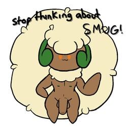 1:1 anonymous_artist english_text feral flaccid foreskin genitals looking_at_viewer male meme nintendo nipples penis pokémon_(species) pokemon simple_background solo stop_thinking_about_sex text uncut video_games whimsicott white_background