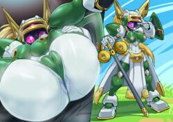 1girls 2koma abs absurdres android anus anus_peek ass blonde_hair breasts cameltoe female full_body grass green_breasts green_panties green_underwear high_resolution highres hybrid instant_loss_2koma legs_up looking_at_viewer male medabots medarot navel nipples no_mouth no_nose outdoors pale-skinned_female pale_skin panties partially_visible_anus pelvic_curtain pochincoff ponytail pretty_prime purple_anus purple_eyes purple_sclera robot robot_girl screw screw_nipples shield sky steam steaming_body sword tied_hair topless uncensored underboob underwear weapon wet white_nipples