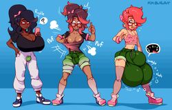 1boy 1girls 3koma ball_expansion balls_expansion big_balls black_hair bow breast_reduction breast_shrinking breasts_bigger_than_head bulge cleavage clothing_transformation dark-skinned_female dark_skin erect_nipples female_to_male ftm_transformation gender_transformation genderswap genderswap_(ftm) glasses gurgle hair_color_change huge_breasts hyper hyper_balls hyper_genitalia hyper_penis light-skinned_male light_skin nipples onomatopoeia penis penis_expansion pent_up ponytail race_swap red_hair rule_63 shirt_pull shocked short_shorts sutibaru t-shirt testicle_expansion transformation