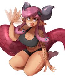 big_breasts bodily_fluids breasts brown_hair cleavage clothed clothing demon_girl fangs feet hair_ornament horn horns large_breasts latina long_hair looking_at_viewer nose_piercing open_mouth piercing pointy_ears red_hair scales scalie seiiccubus sharp_teeth shorts smile snake socks sports_bra sportswear succubus sweaty tail tanned tanned_skin tattoo thick_thighs topsie_turvy workout workout_clothes