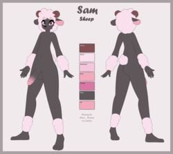 anthro balls black_body black_fur border bovid caprine english_text fur genitals grey_border hi_res horn male mammal max_draws model_sheet nude penis pink_body pink_fur pink_wool sheep solo text wool_(fur)