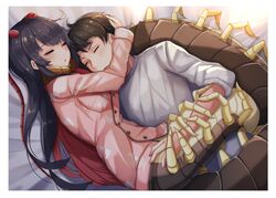 1boy 1girls antennae bug_girl centipede centipede_girl clothed clothing cuddling duo emukae_kaede female fully_clothed hugging light-skinned_female light-skinned_male light_skin monster_girl original pajamas pink_shirt plan039 sleeping wholesome