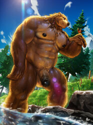 2020 5_fingers abs absurd_res anthro arthropod balls biceps black_claws black_nipples black_nose black_penis blue_eyes blue_sky bone_necklace braided_hair brown_bear brown_body brown_fur brown_penis butterfly butterfly_on_finger chest_tuft claws cloud day durbar evergreen_tree facial_scar feet_in_water finger_claws fingers foreskin forest fur genitals grass hair half-erect hi_res humanoid_genitalia humanoid_hands humanoid_penis inner_ear_fluff insects jewelry lens_flare lepidopteran low-angle_view male male_only mammal mountain multicolored_penis muscular muscular_anthro muscular_male nature navel neck_tuft necklace nipples nude nviek5 outside partially_submerged pecs penis pine_tree plant pubes river rock scar skinny_dipping sky smile solo standing tooth_necklace tree tuft two_tone_penis uncut ursid ursine vein veiny_penis water