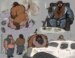 2021 anthro ass balls bottomwear broody brown_body brown_fur bulge car clothing fur genitals group hi_res male male/male male_only mammal musclegut overweight overweight_male pants pure_command sex shirt sitting suid suina sus_(pig) topwear vehicle wild_boar