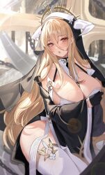 1girls azur_lane bare_shoulders big_breasts blonde_hair breasts cleavage female female_only hair_between_eyes headwear huge_breasts implacable_(azur_lane) light-skinned_female light_skin long_hair nun on_knees royal_navy_(azur_lane) stockings sweat tansuan_(ensj3875)