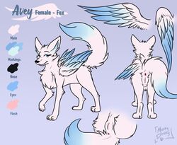 anus ass avey_(avey_aveon) blue_body blue_eyes blue_fur canid canine dipstick_tail feathered_wings feathers female feral folded_wings fox fur genitals humanoid_genitalia humanoid_pussy mammal model_sheet multicolored_body multicolored_fur multicolored_tail muskydusky pussy raised_tail sitting solo spread_wings standing white_body white_fur wings