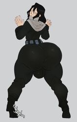 1boy against_wall ass_expansion big_ass big_balls black_eyes black_hair dilf expansion fully_clothed grey_background growth huge_ass male_only mature_male my_hero_academia presenting presenting_hindquarters shouta_aizawa skin_tight solo solo_male stretched_clothing stubble thick_thighs tingtongten transformation wide_hips