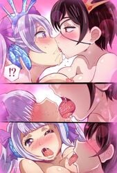 2girls 3koma black_clover black_hair blush breasts cleavage close-up erect_nipple exclamation_mark exclamation_point eyepatch french_kiss hair_over_eyes hairbow kissing long_hair looking_at_partner multiple_girls nexus_avelon nipple no_bra noelle_silva one_eye_closed open_mouth pale-skinned_female pink_background pink_eyes pink_nipples plain_background question_mark red_eyes saliva saliva_string saliva_trail shirtless short_hair silver_hair small_breasts sweat tongue tongue_kiss tongue_out vanica_zogratis yuri