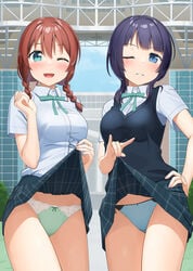 2girls :d apollo_(hu_maple) aqua_eyes aqua_neckwear aqua_ribbon asaka_karin bangs black_vest blue_eyes blue_panties blunt_bangs blush bow bow_panties braid breasts building collar collared_shirt emma_verde eyebrows_visible_through_hair grass green_panties green_skirt hair_between_eyes hand_on_hip highres lifted_by_self looking_at_viewer love_live! love_live!_nijigasaki_high_school_idol_club medium_breasts multiple_girls neck_ribbon one_eye_closed open_mouth outdoors panties plaid plaid_skirt pleated_skirt purple_eyes red_hair ribbon school_uniform shirt short_sleeves skirt smile thighs tree twin_braids twintails underwear uniform vest vest_over_shirt vine_print white_collar white_shirt wink