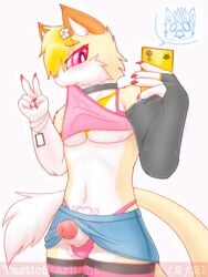 3:4 balls blonde_hair blush bottomwear choker clothed clothing collar domestic_cat erection felid feline felis femboy furry genitals girly hair hi_res jewelry male mammal necklace nipples penis phone pink_eyes selfie shirt simple_background skirt solo tank_top tasticstarlight topwear trap