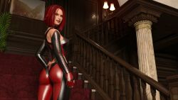 1girls bloodrayne breasts corset dhampir elbow_gloves female_only fully_clothed green_eyes latex_suit looking_at_viewer mascara rayne red_hair short_hair smiling solo solo_female standing superus vampire