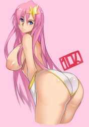 10hmugen 1girls bending_over blue_eyes female female_only gundam gundam_seed gundam_seed_destiny long_hair meer_campbell pink_hair puffy_nipples rear_view solo star_hair_ornament topless